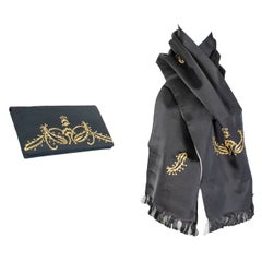 Retro Black Satin Scarf and Matching Evening Clutch with Gold Embroidery – 53”, 1950s