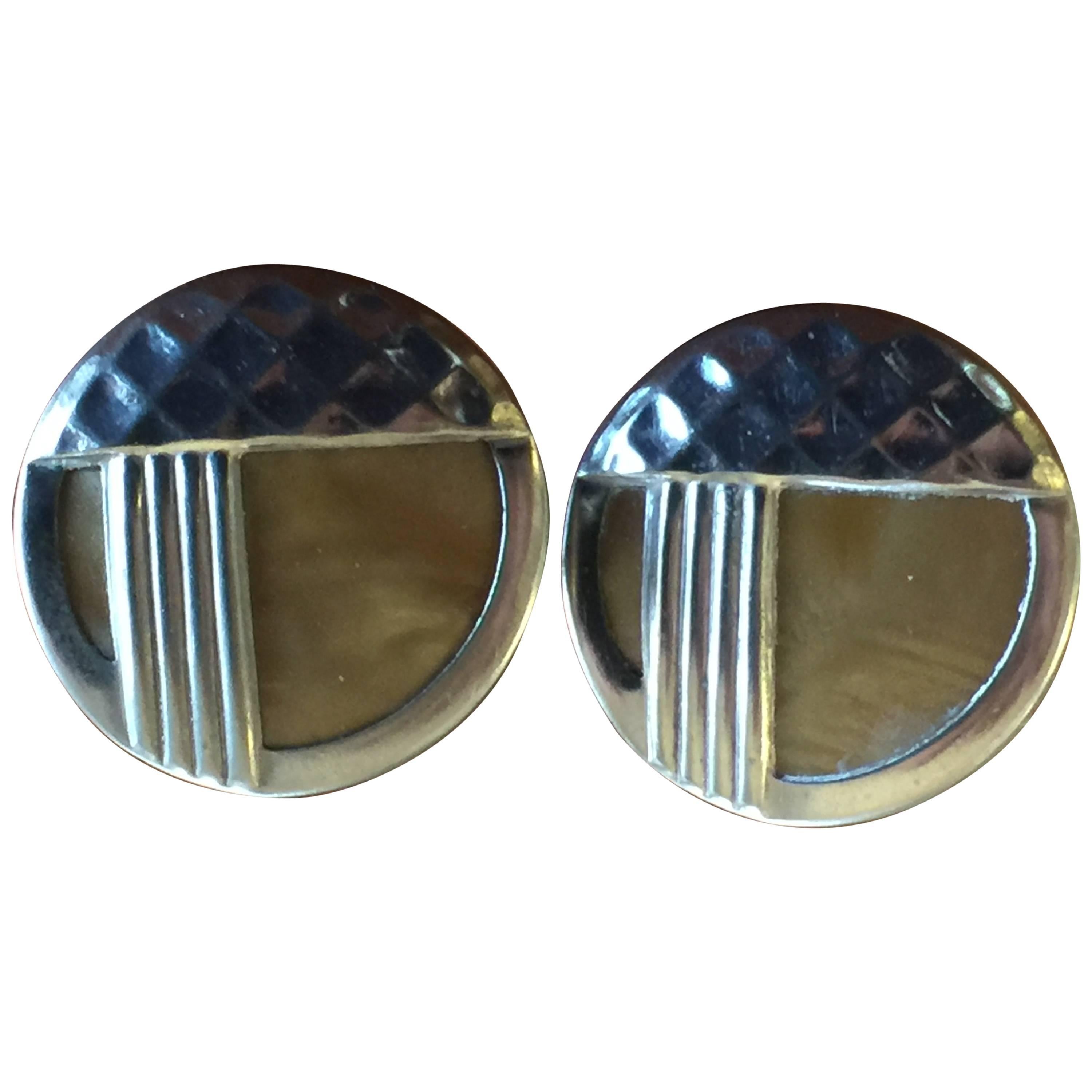 1930s Art Deco Silver Overlay Celluloid Pierced Earrings For Sale