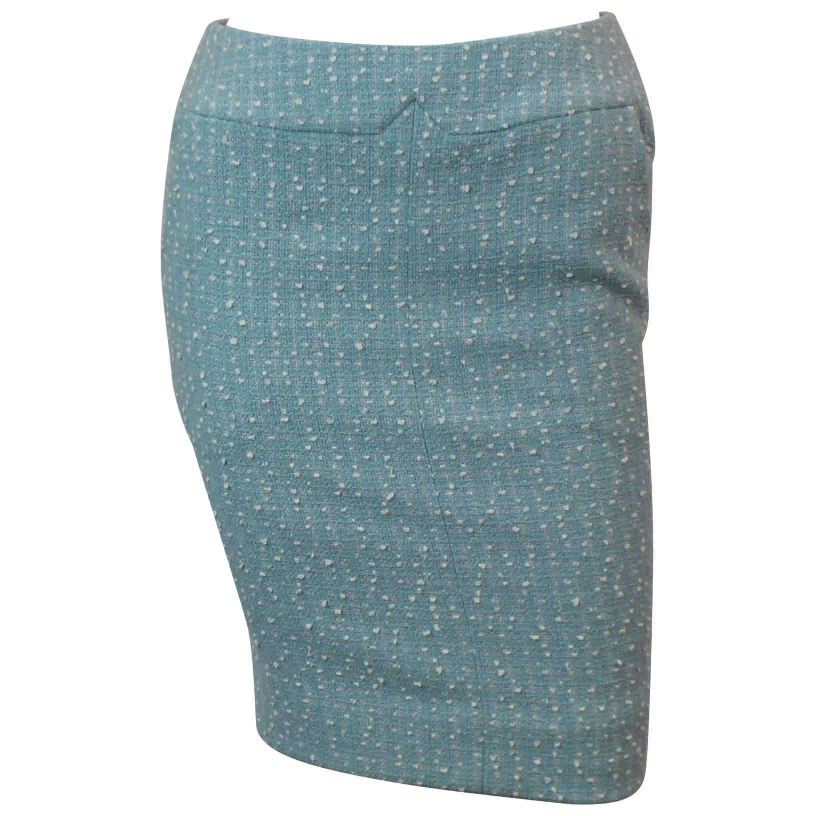 Chanel Light Blue Tweed Tapered Wool Blend Skirt - 38 - 1990's