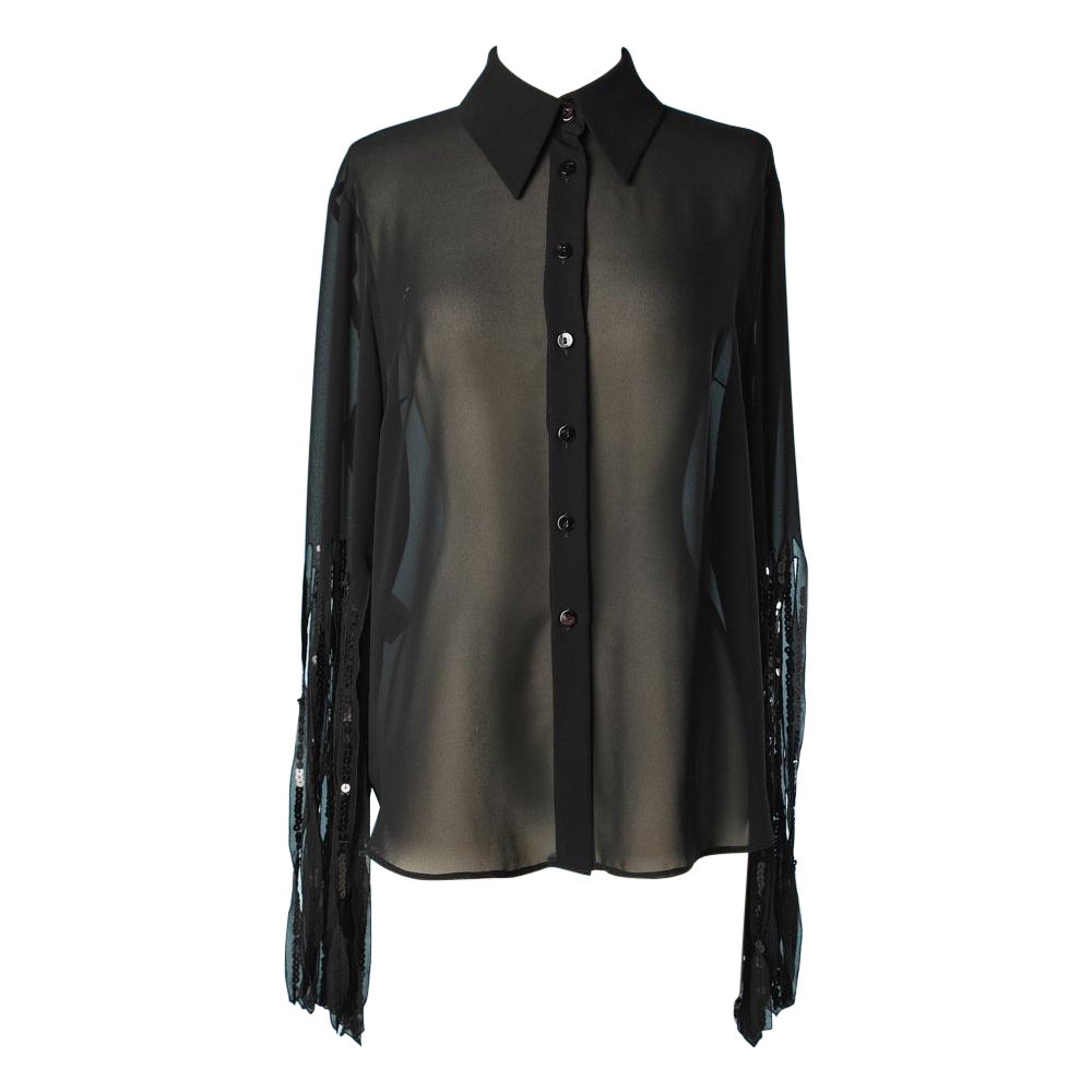 Black chiffon shirt with franges on the sleeves and sequin Gai Mattiolo Couture  For Sale