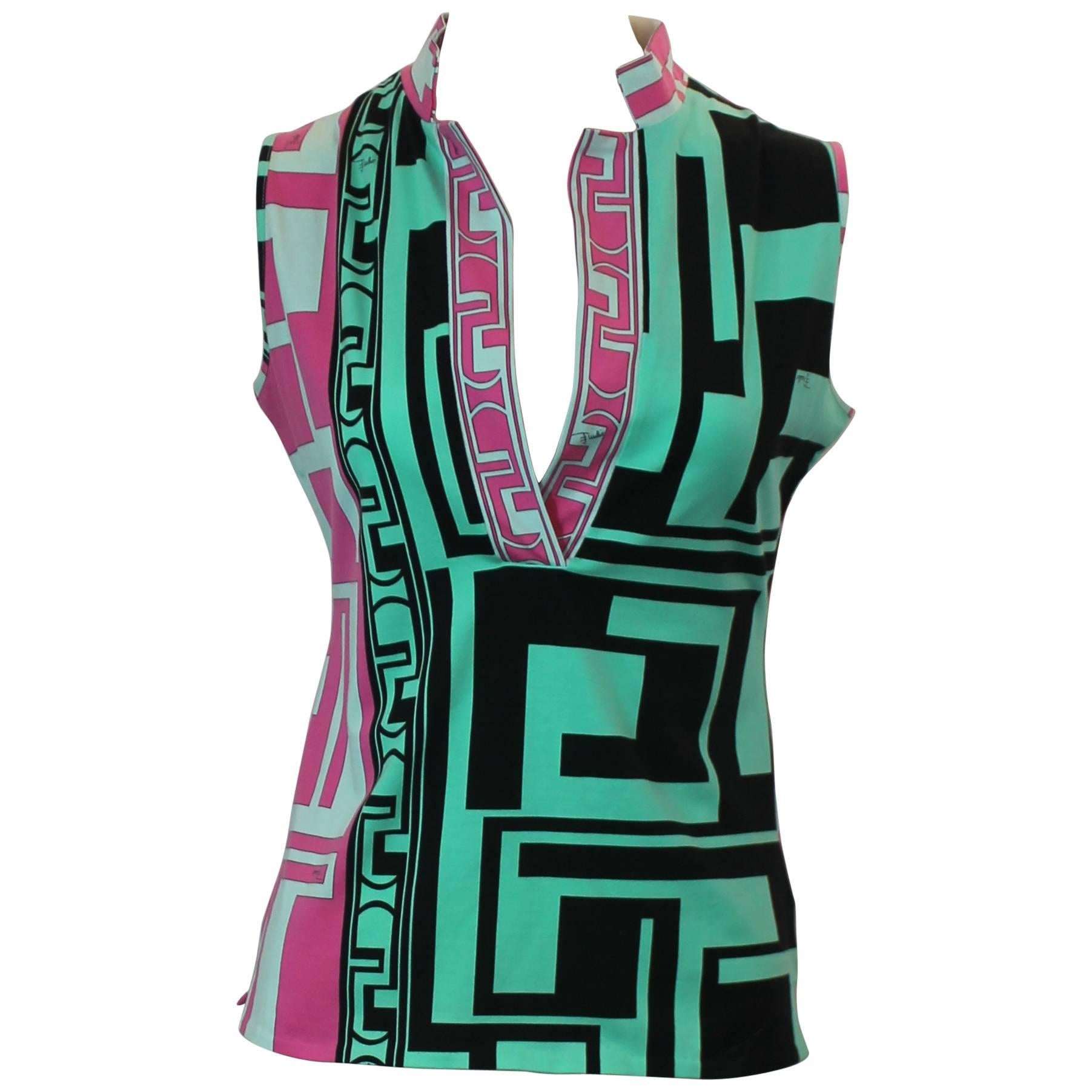 Emilio Pucci Multi-Colored Cotton-Elastin Sleeveless Collared Top - 6