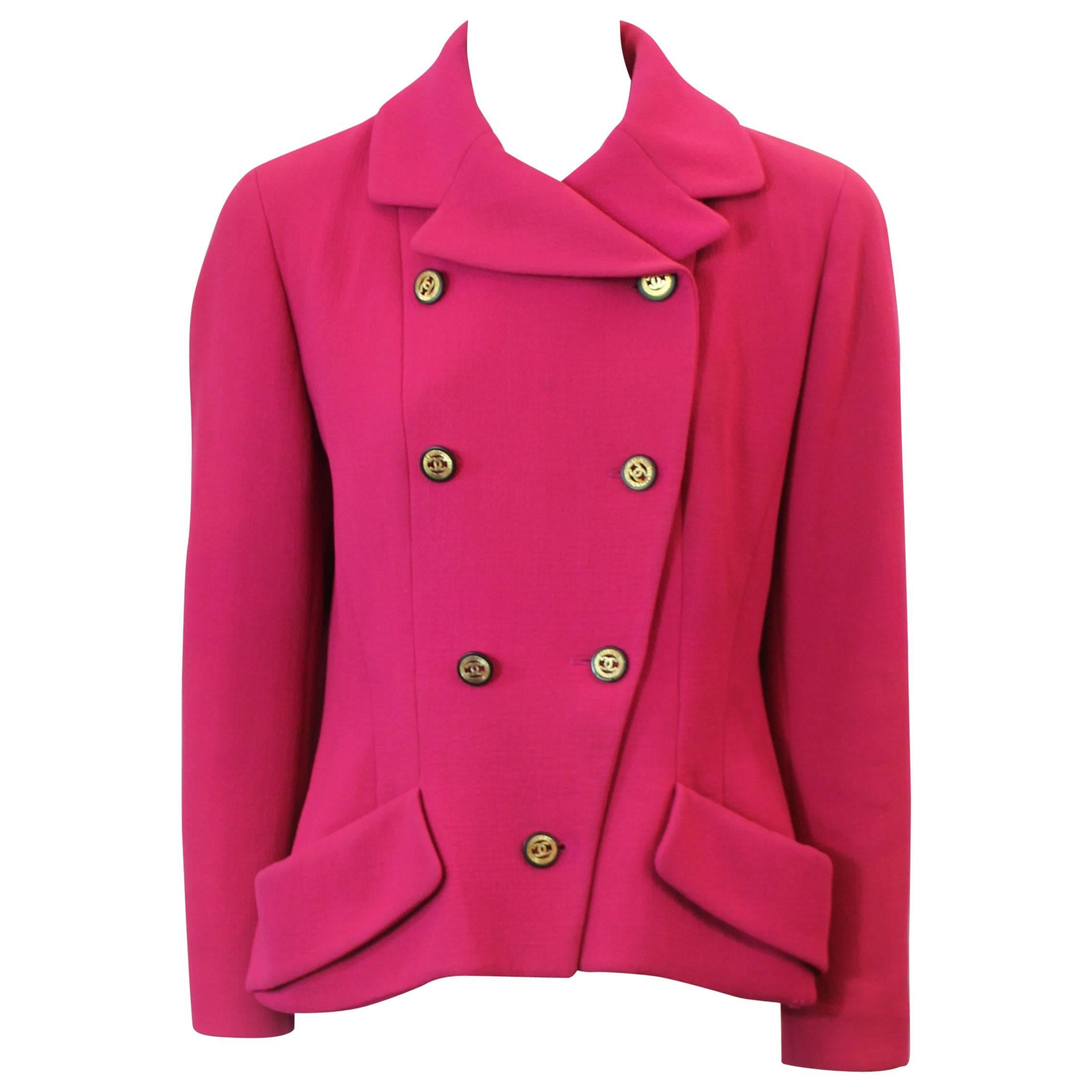 Chanel Fuchsia Double Breasted Wool Jacket with "CC" Buttons - 38 - 1980's