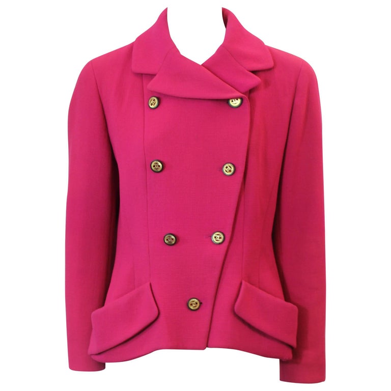Chanel Fuchsia Double Breasted Wool Jacket with CC Buttons - 38
