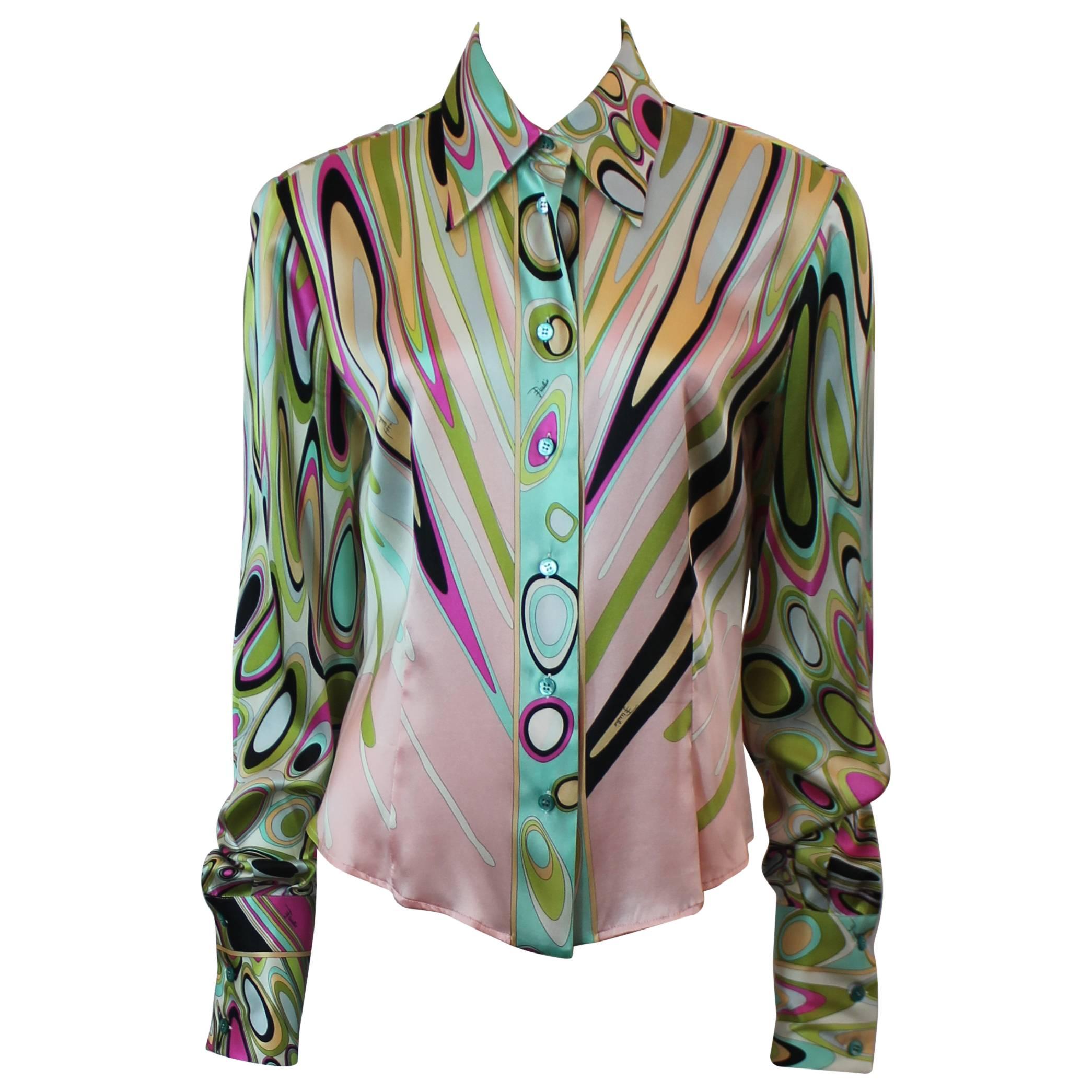 Emilio Pucci Multi-Colored Silk Shimmery Printed Long Sleeve Shirt - 12