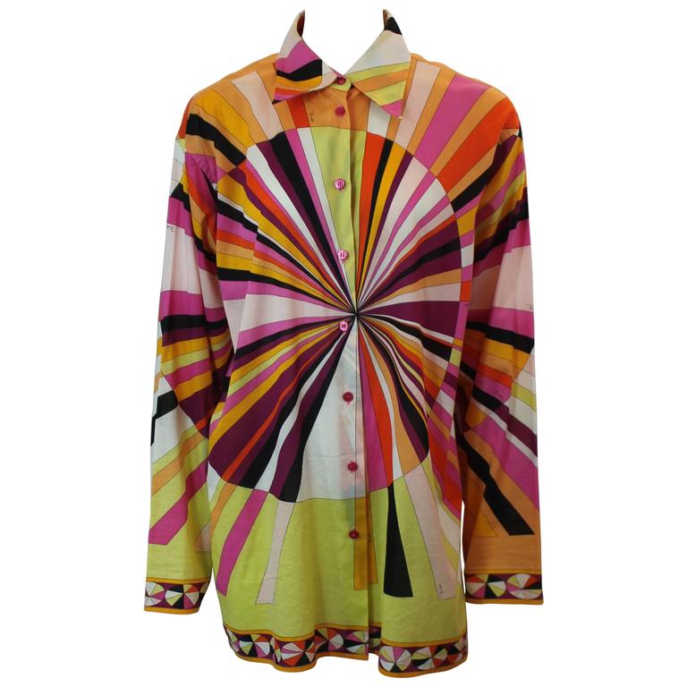 Emilio Pucci Pink and Orange Geometric Print Long Sleeve Shirt - M at ...