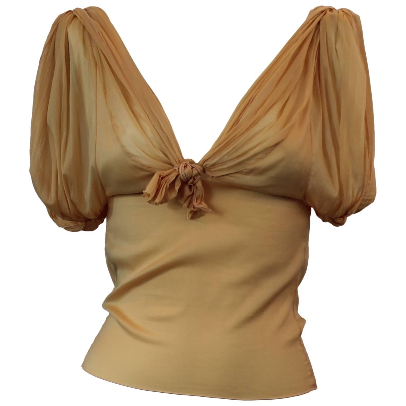 Christian Dior Mustard Colored Silk Ruched Sleeveless Blouse with Ties - S