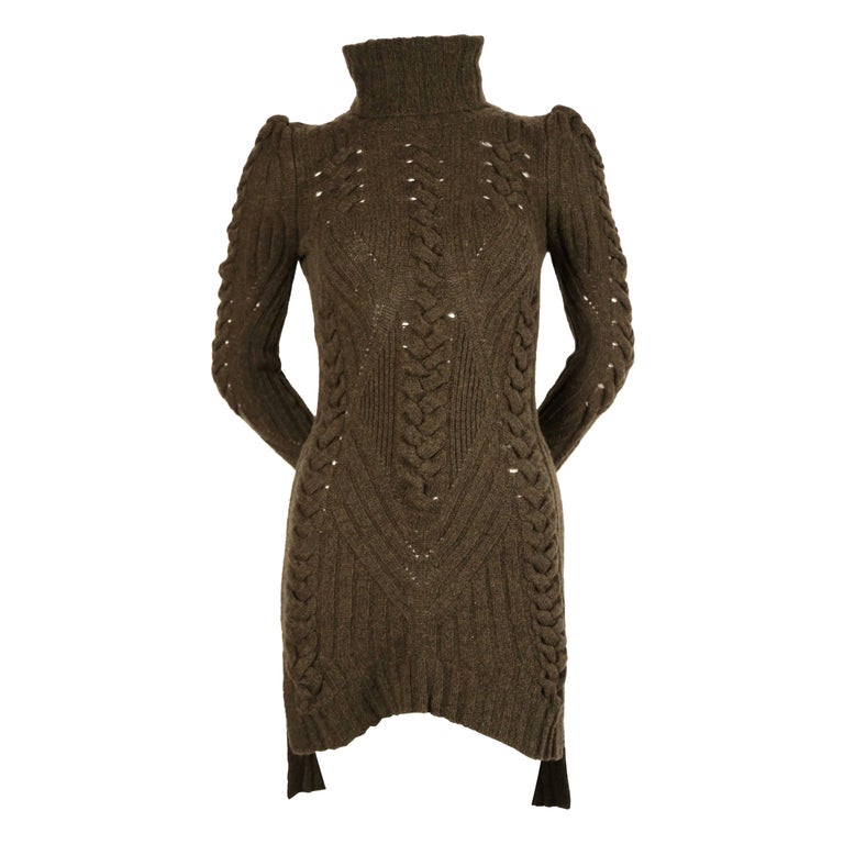 CELINE by PHOEBE PHILO moss green cable knit sweater dress For Sale