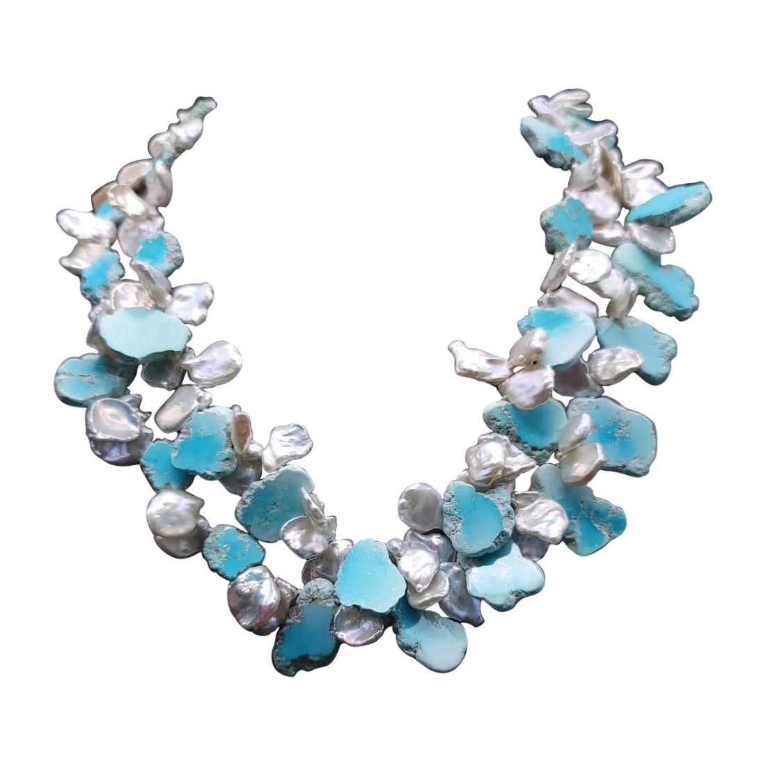 A.Jeschel  Larimar and Keshi Pearls combine in a heavenly 2 strand necklace