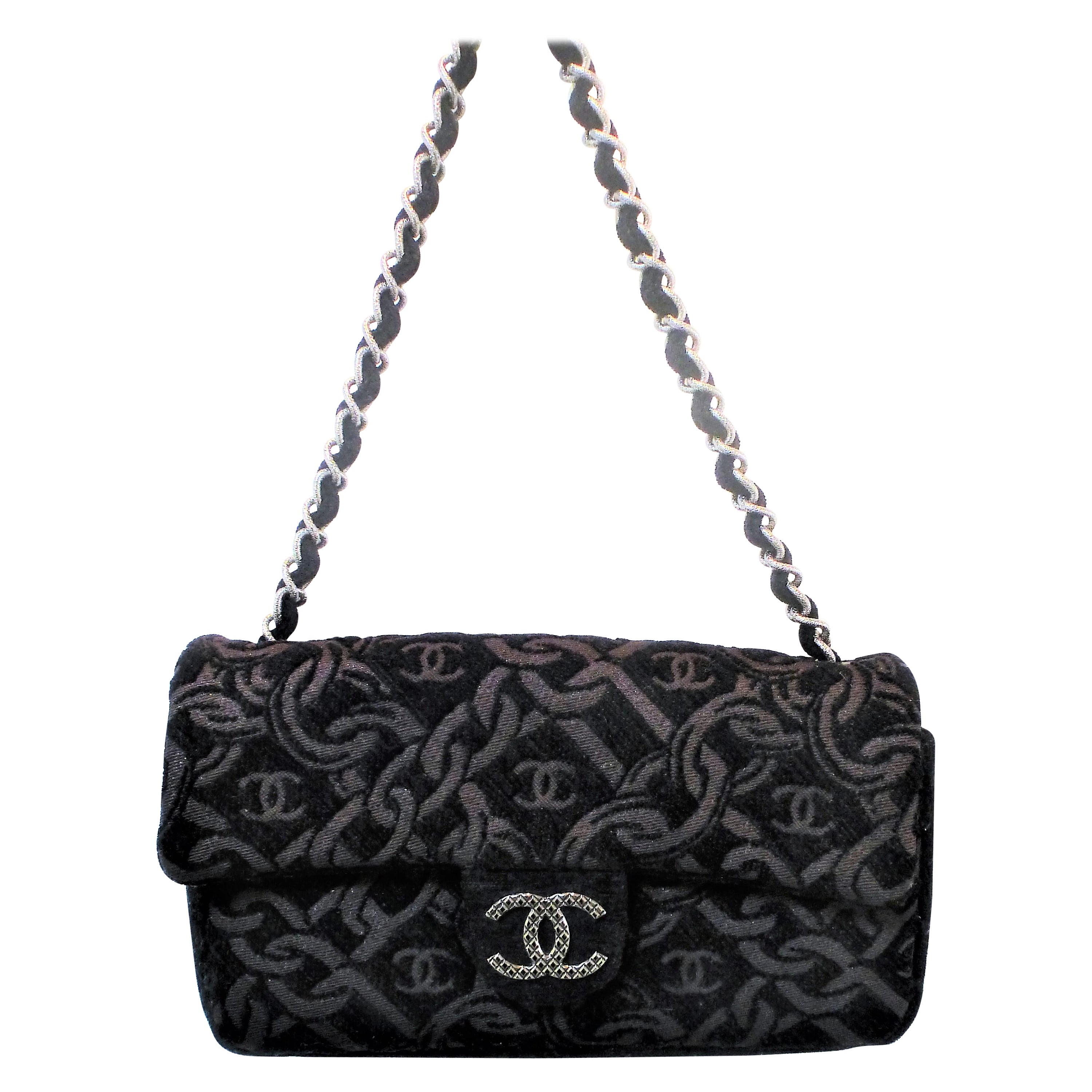 Chanel Evening Bag Made of Black Jacquard Fabric, Woven Chanel Chain and Logo!