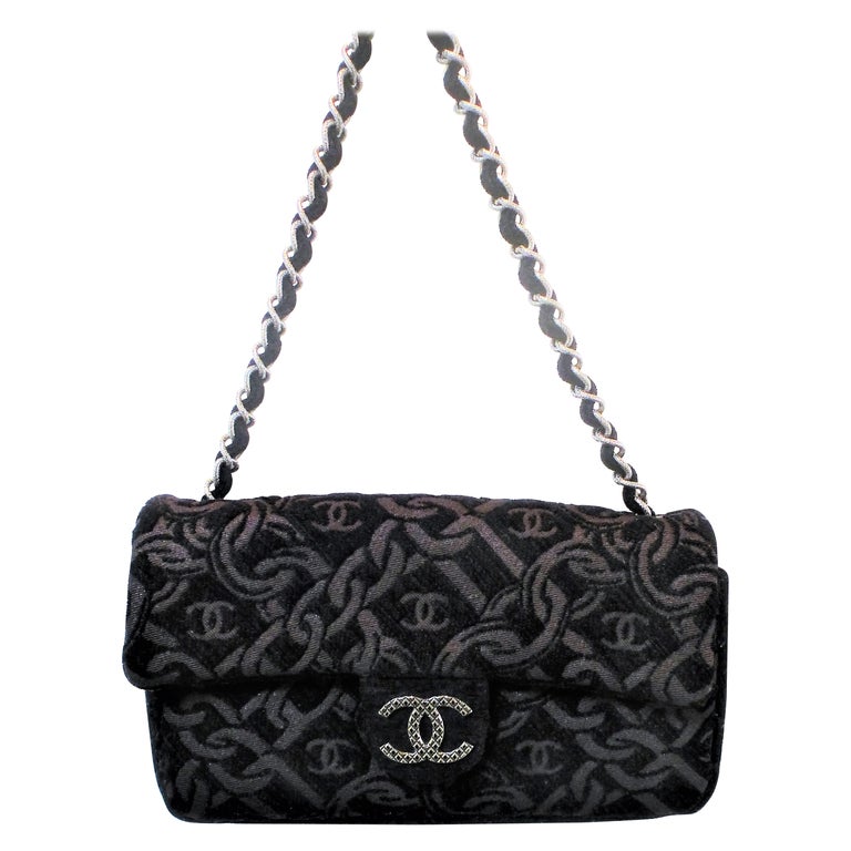 Chanel evening bag made of black jacquard fabric, woven Chanel chain and  logo! For Sale at 1stDibs