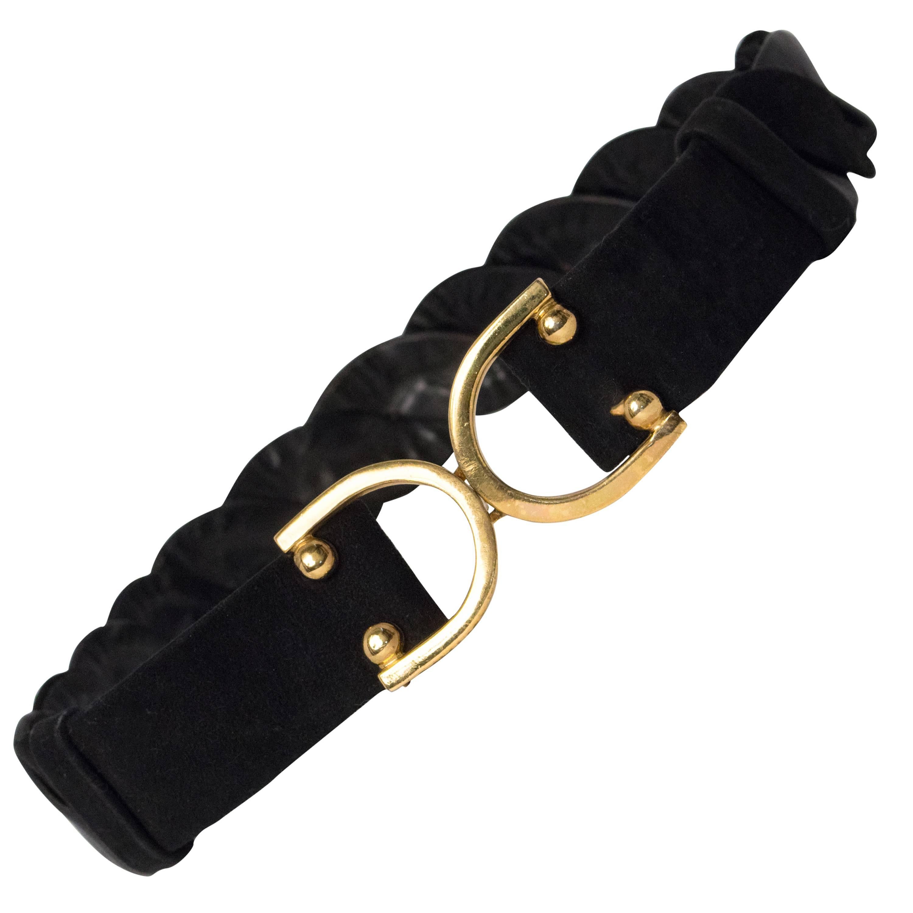 80s Black Suede Woven Belt with Gold Tone Buckle 