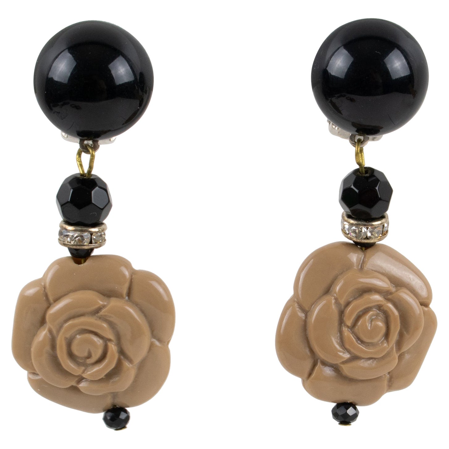 Angela Caputi Dangle Black and Beige Flower Resin Clip Earrings For Sale