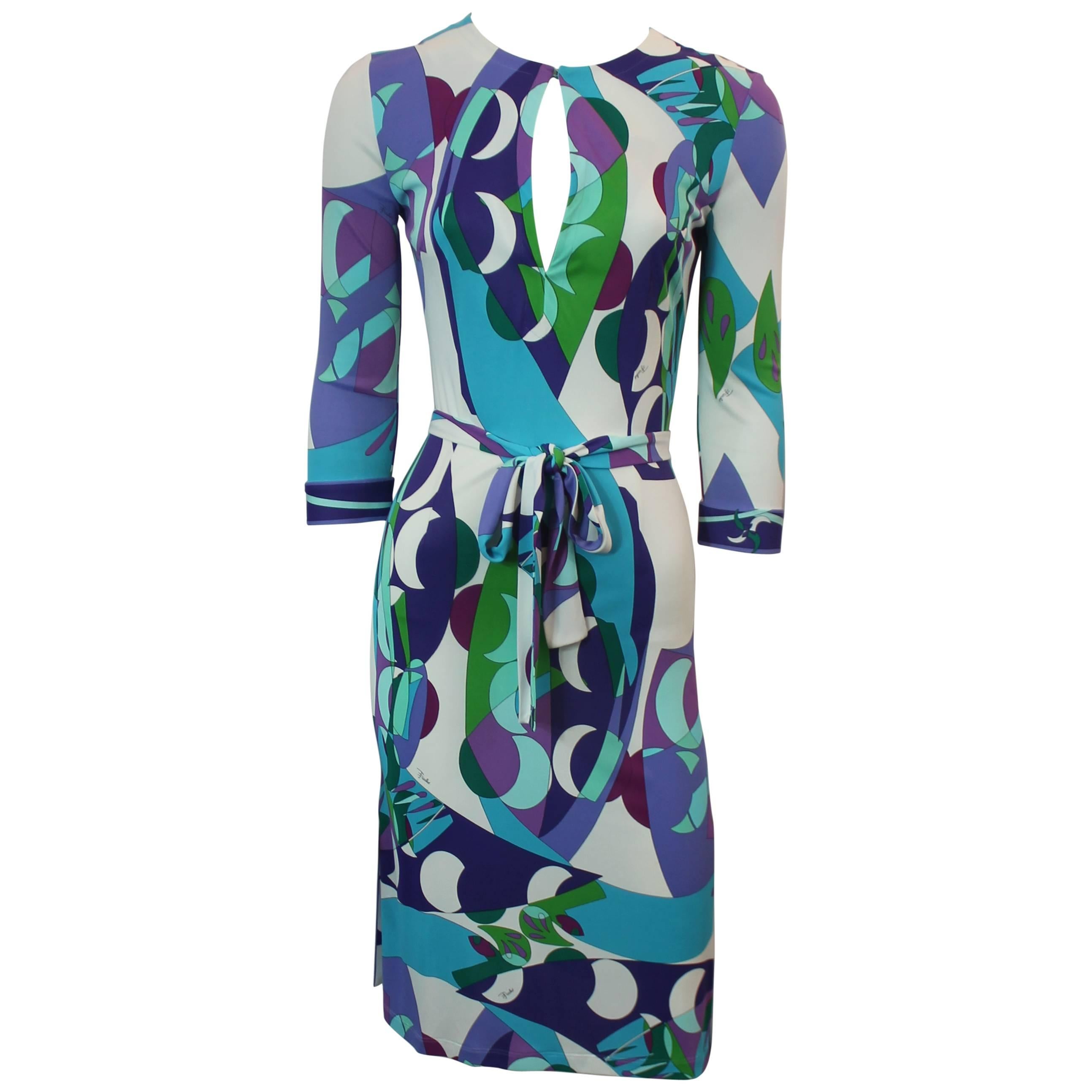 Emilio Pucci Blue & Green Geometric Print Jersey Dress - 6