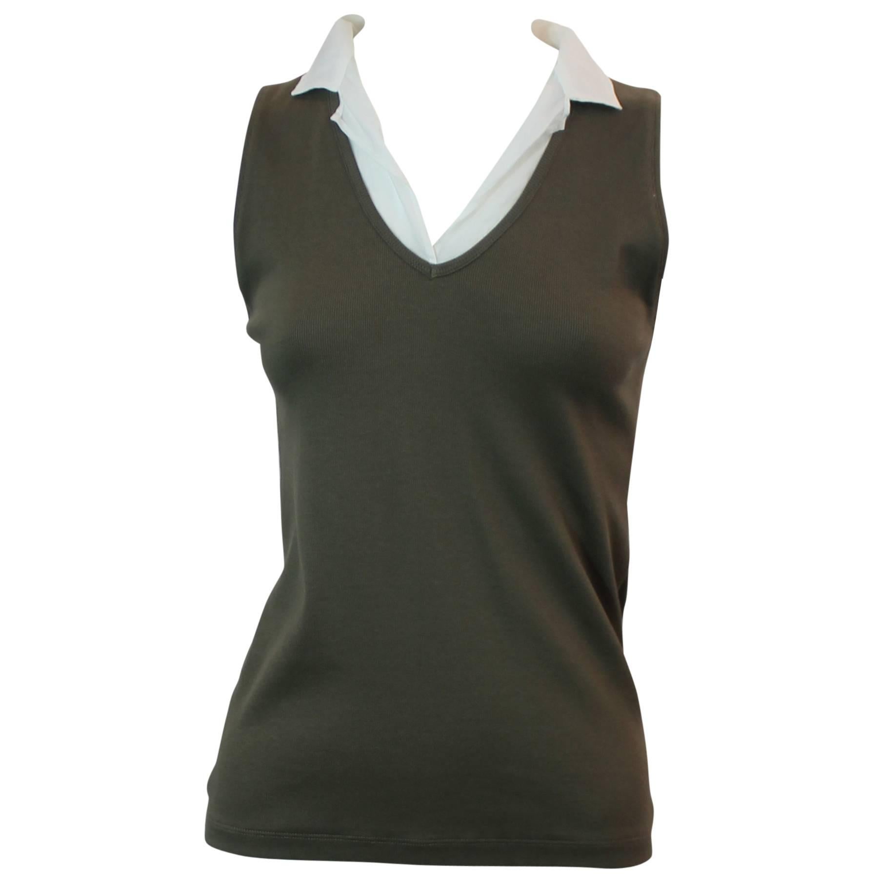 Brunello Cucinelli Olive and White Cotton Blend Sleeveless Top - L.