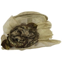 Suzanne Custom Millinery Gold Mesh Hat with Large Front Flower