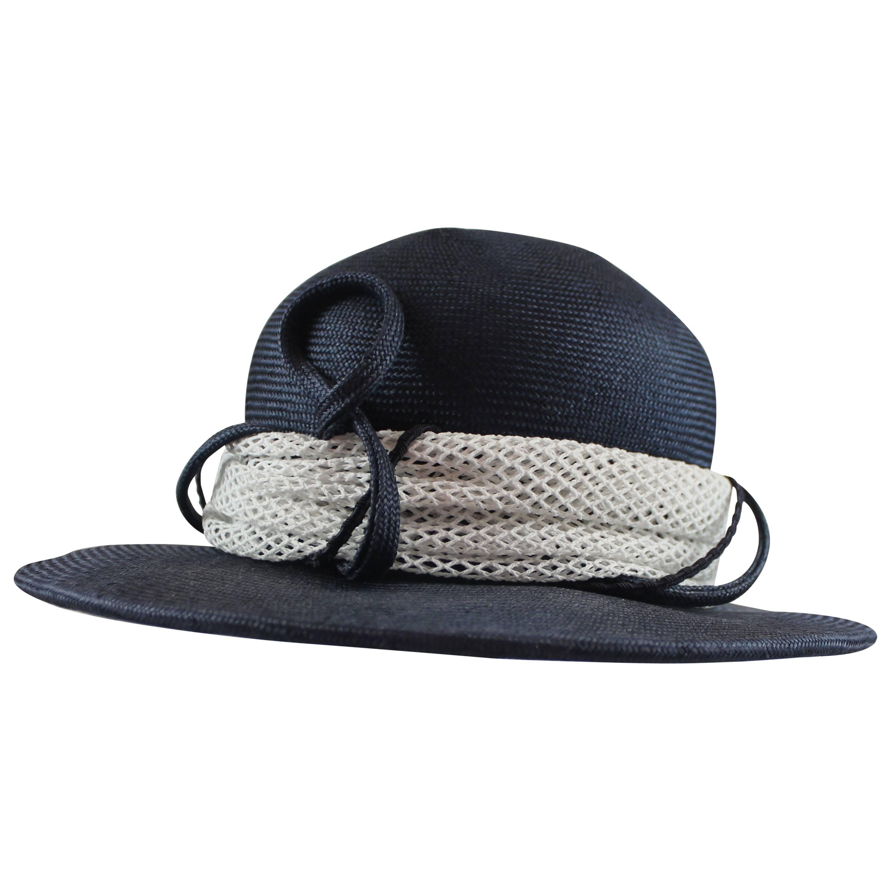 Suzanne Custom Millinery Navy and White Straw Hat with Ribbon