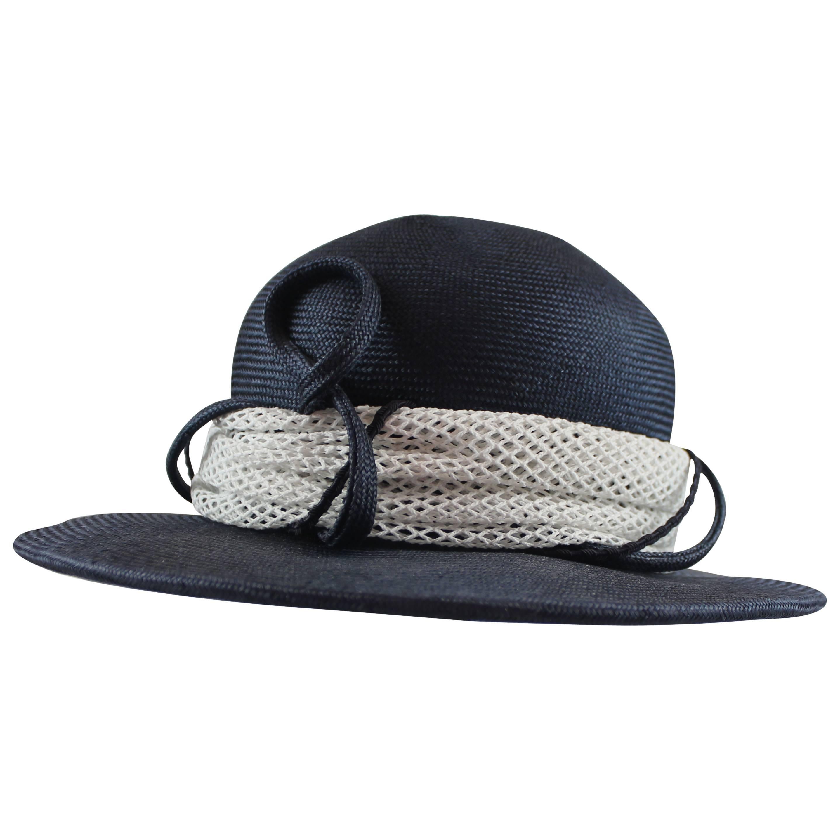 Suzanne Custom Millinery Navy and White Straw Hat with Ribbon at ...