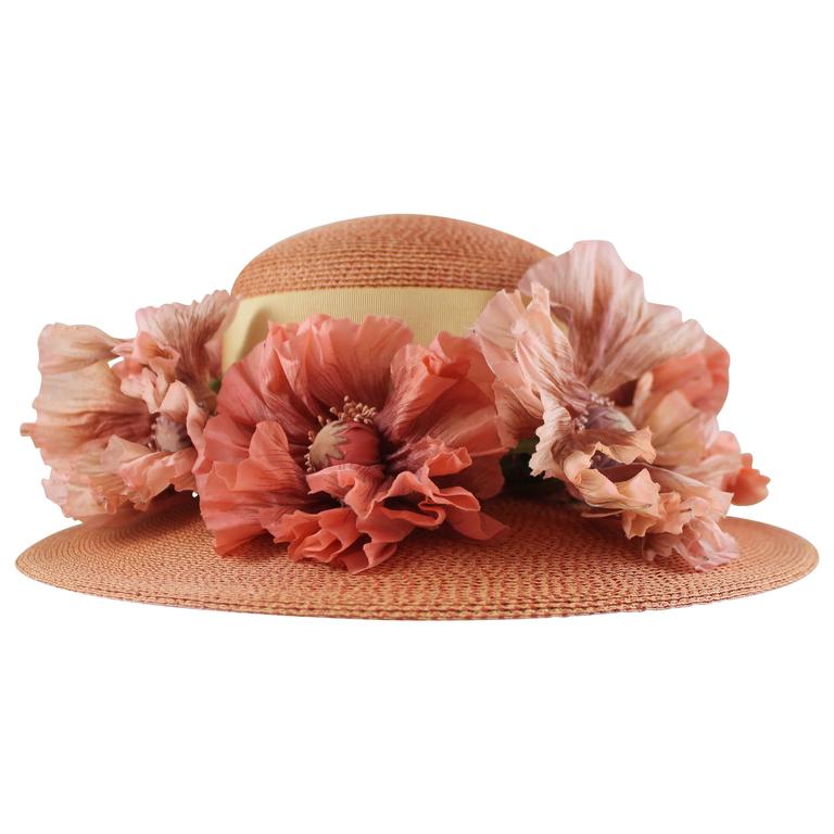 Suzanne Custom Millinery Salmon Round Brim Hat with Large Flowers and
