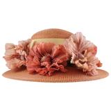 Suzanne Custom Millinery Salmon Round Brim Hat with Large Flowers and Ribbon