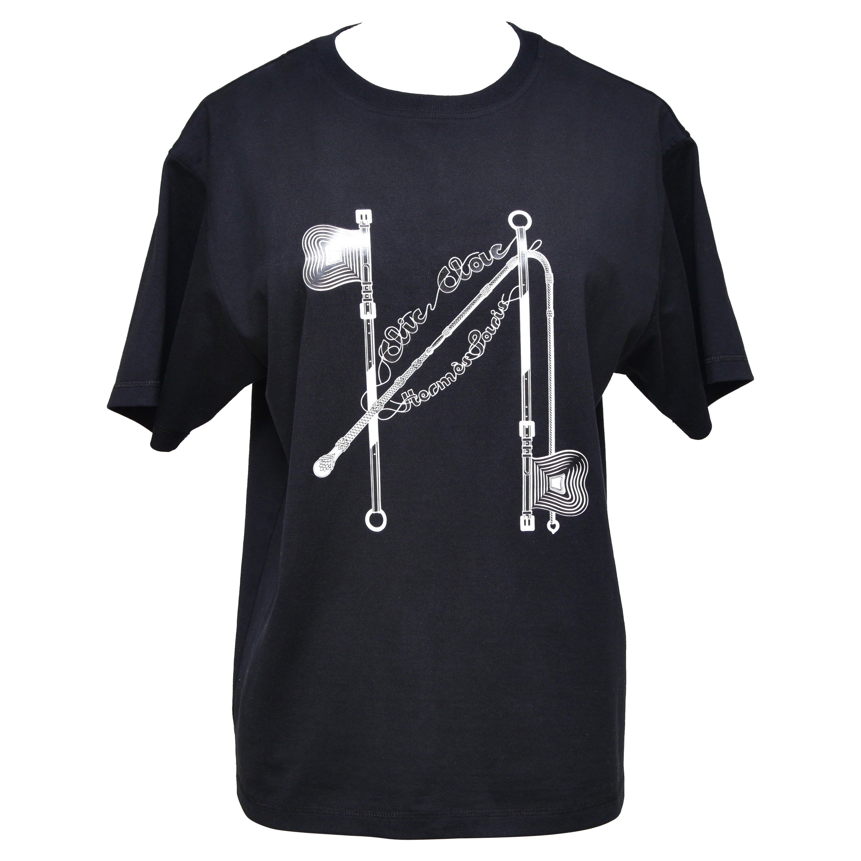 Hermès Schwarzes T-Shirt Top mit kurzen Ärmeln und weißem CLIC CLAC-Druck 36 im Angebot