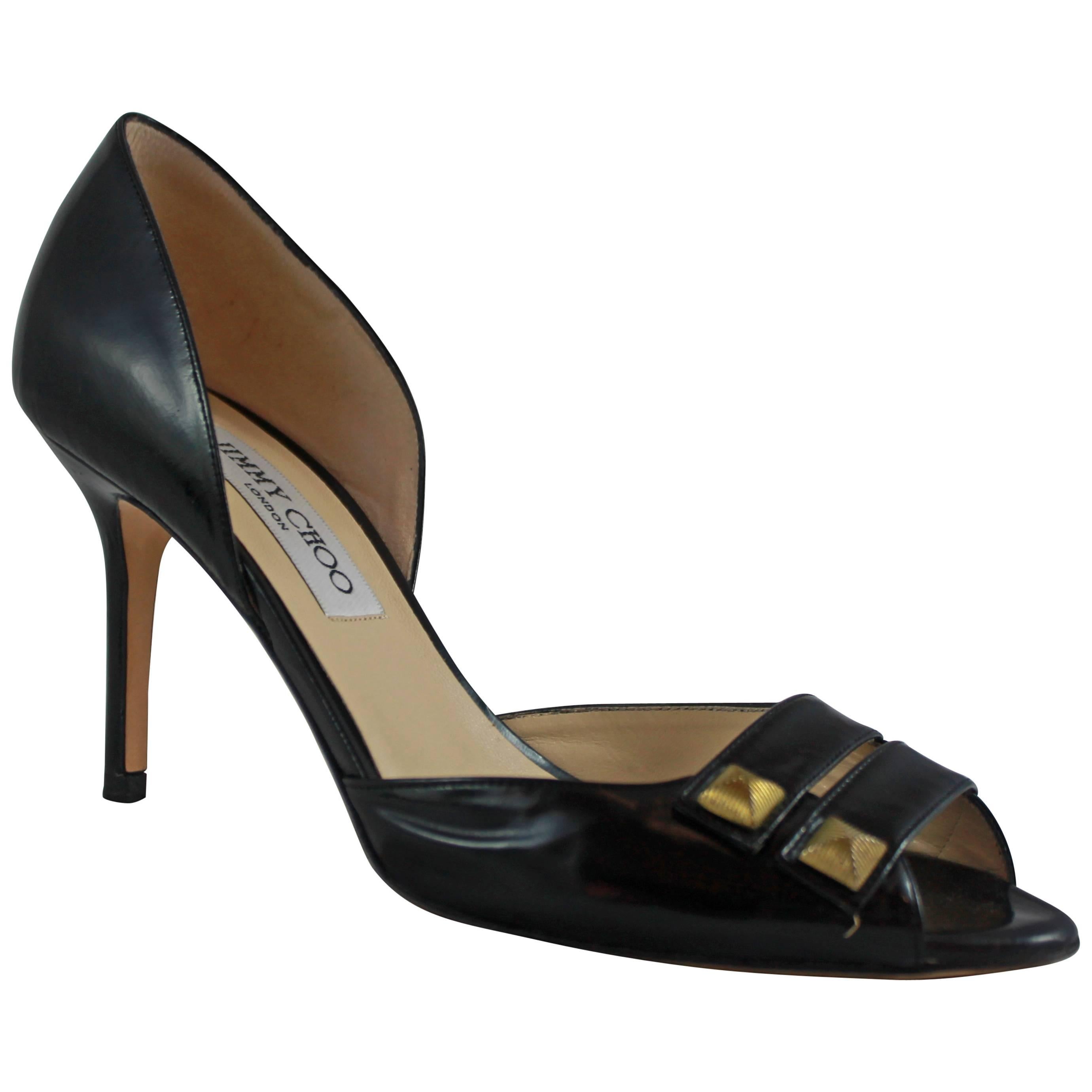 Jimmy Choo Black Leather D'Orsay Heels with Double Straps and Gold Studs - 36.5