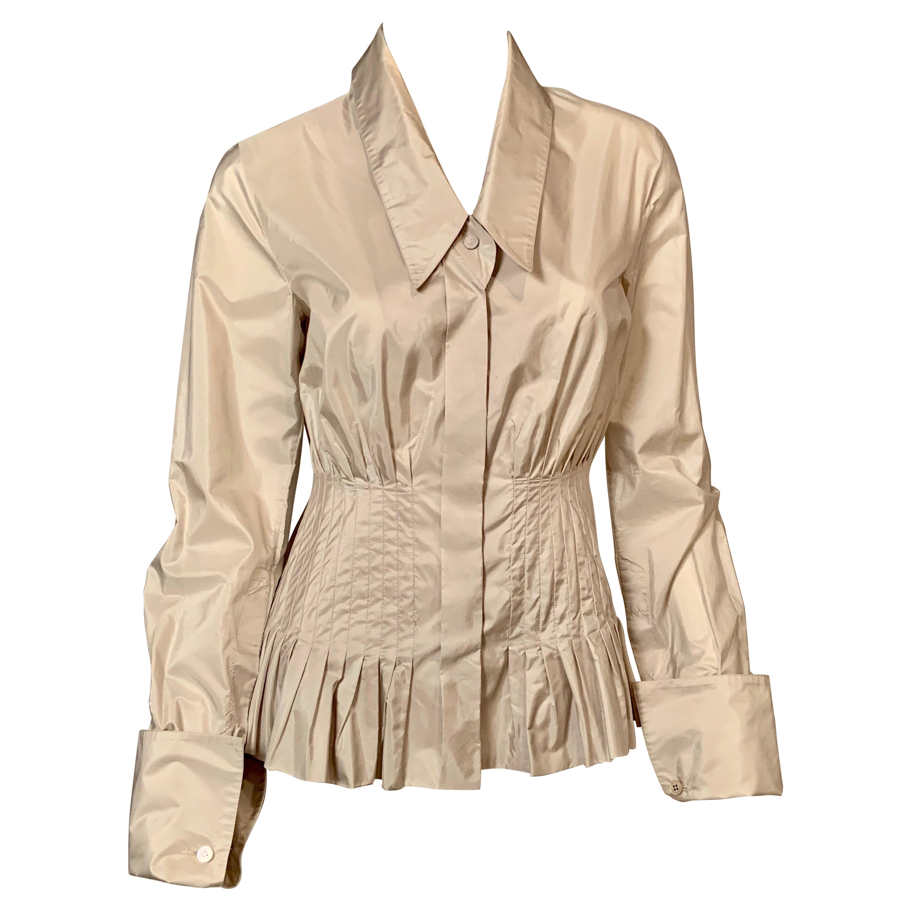 Gianfranco Ferre Pale Oyster Grey Silk Blouse with Peplum For Sale