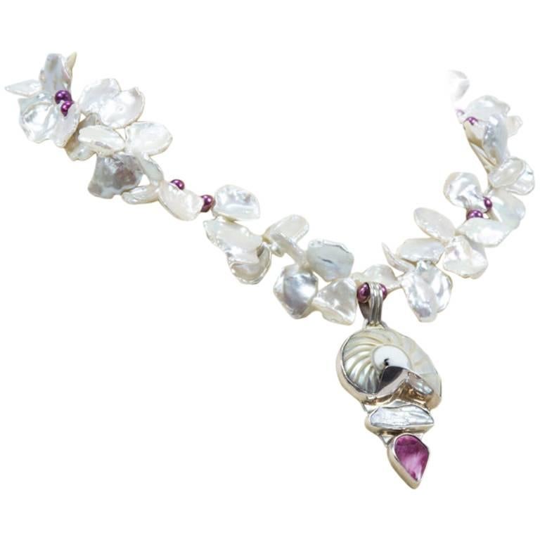 Lustrous Keshi Pearls Shell Drop Runway Necklace
