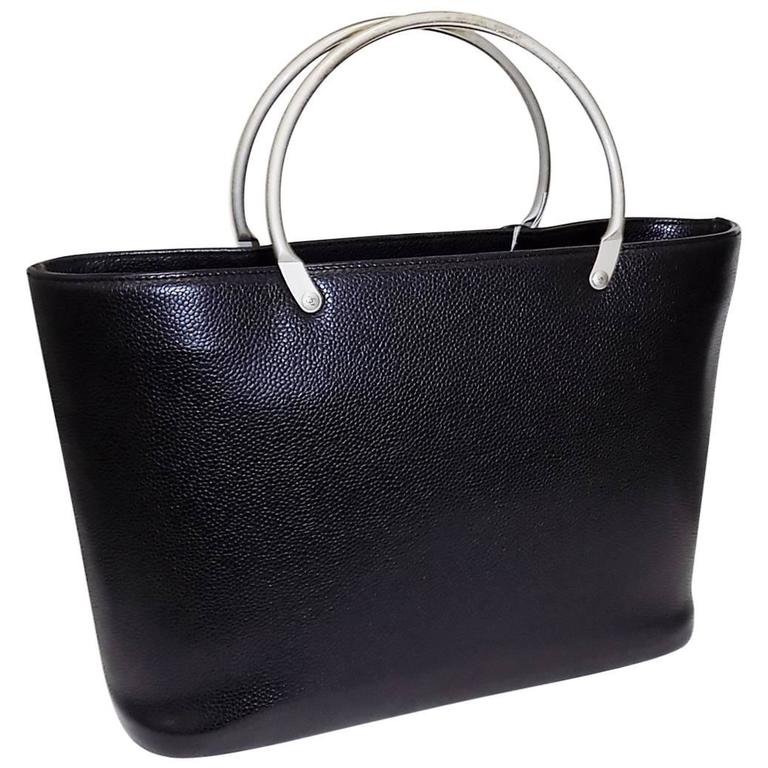 Chanel Black Grained Leather Bag W. Brushed Silver Handles at 1stDibs