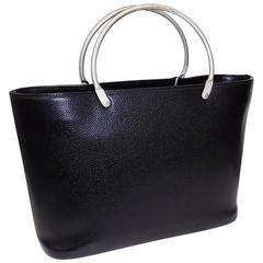 Chanel Black Grained Leather Bag W. Brushed Silver Handles 9