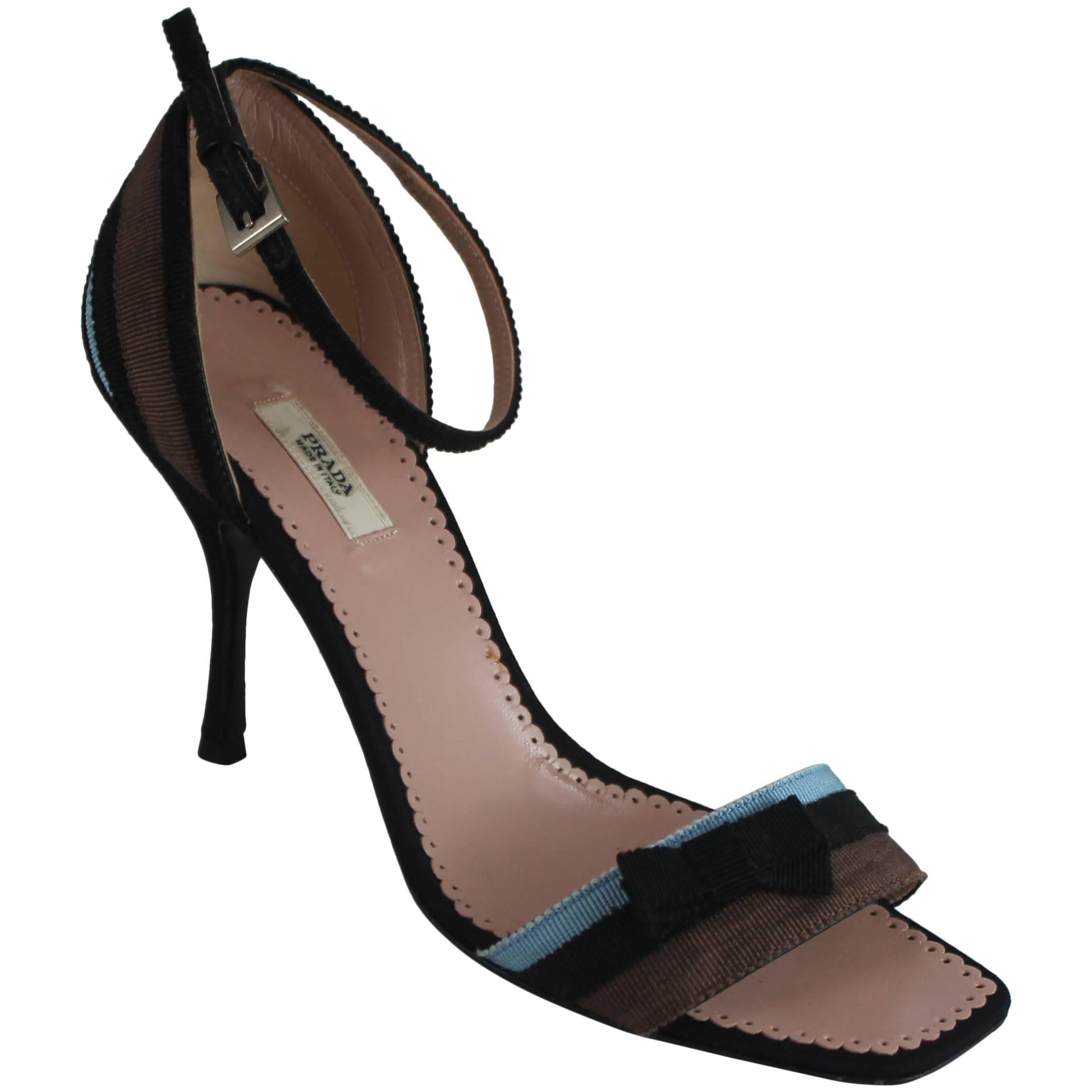 Prada Blue, Black, and Brown Grosgrain Striped Ankle Strap Heels with Bow - 36