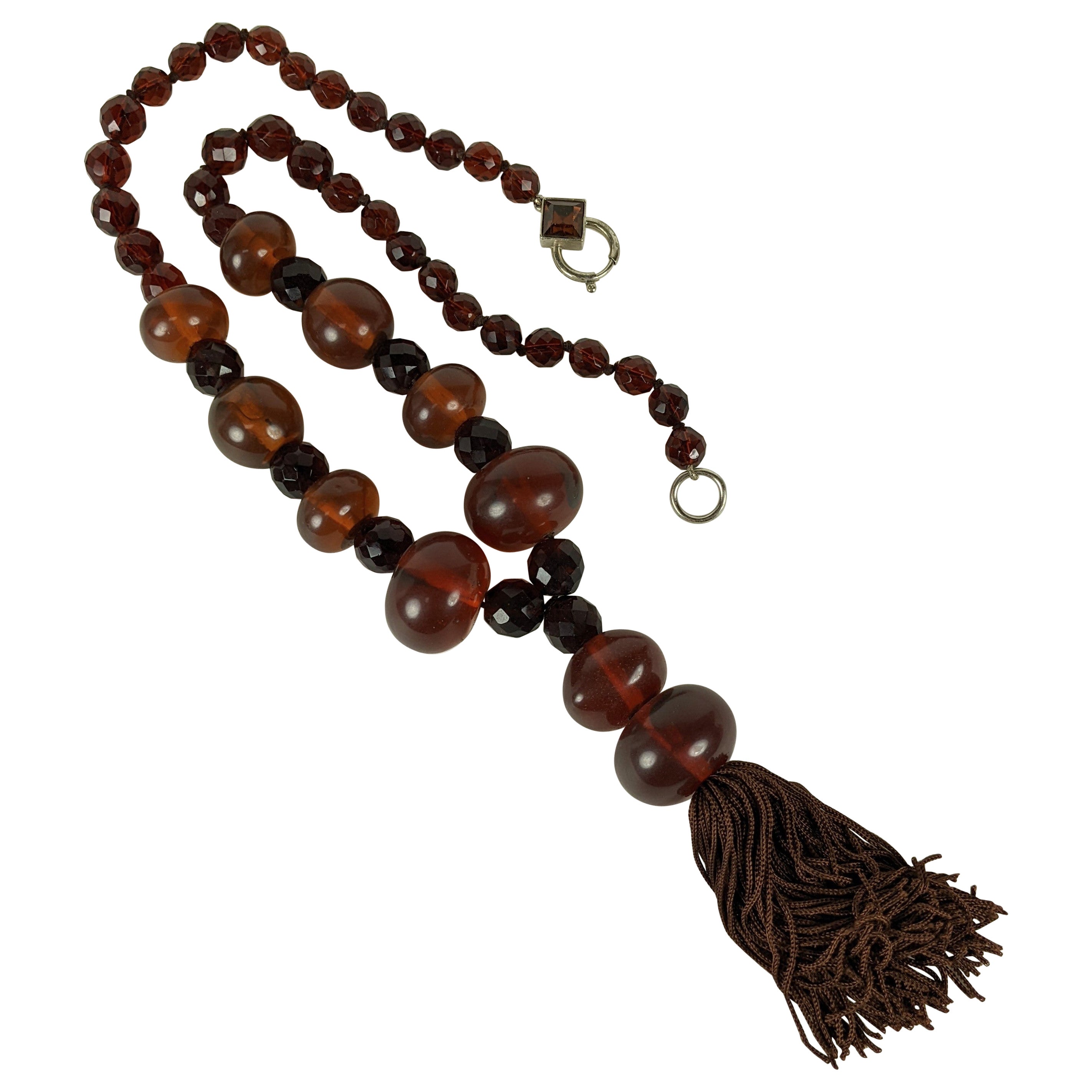 Italian Faux Amber Bead Tassel Necklace For Sale at 1stDibs