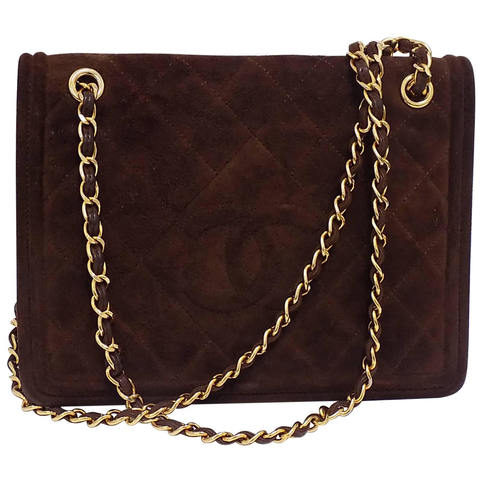 Chanel quilted suede brown suede flap bag  For Sale