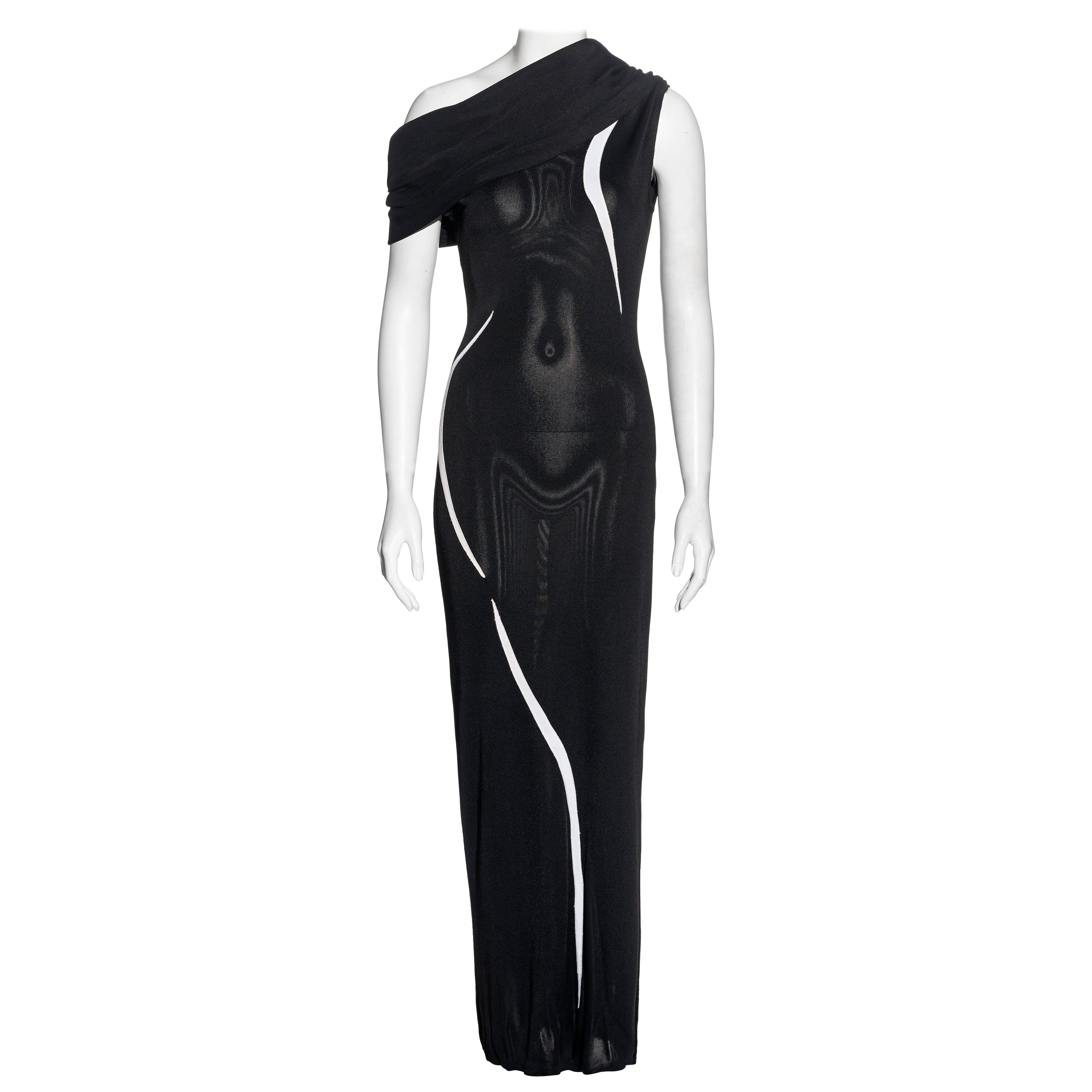 Thierry Mugler black and white rayon knitted off-shoulder evening dress, ss 1999 For Sale