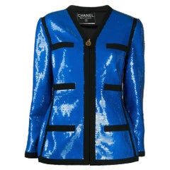 90s Chanel Vintage electric blue sequins logoed jacket