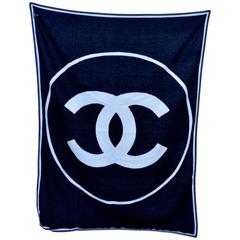 Used CHANEL Black & Off White Large CC Logo Travel Home Decor Throw Blanket NEW