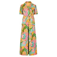 1970s Colourful Floral Print Trouser Suit in Waffle Cotton