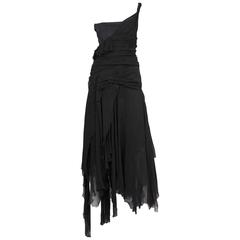 Alexander McQueen Black Chiffon Ruched Dress 2002