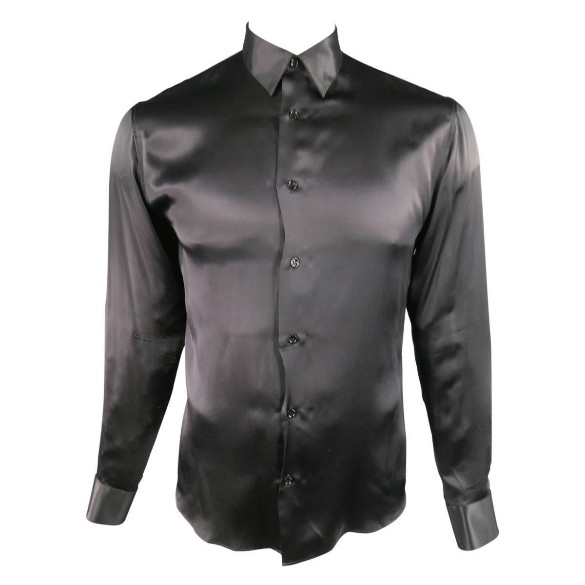 DIOR HOMME by Hedi Slimane Size M Black Silk Satin Long Sleeve Dress Shirt