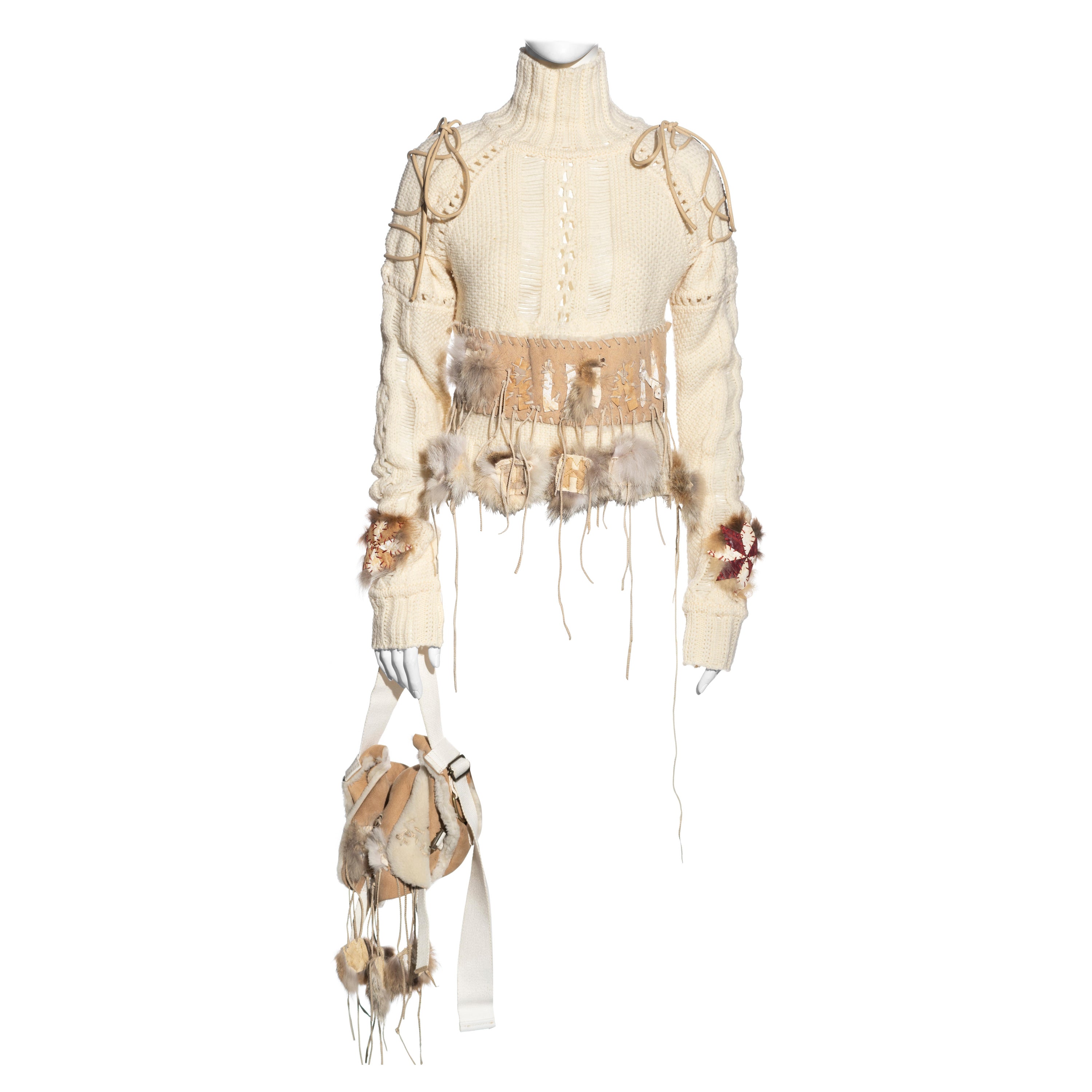 John Galliano cream wool and fur sweater with matching shearling bag, fw 2002 For Sale