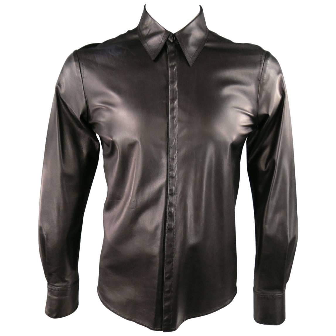 CoSTUME NATIONAL Mens Size S Black Leather Hidden Snap Placket Long Sleeve Shirt