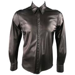 CoSTUME NATIONAL Mens Size S Black Leather Hidden Snap Placket Long Sleeve Shirt (chemise à manches longues en cuir)