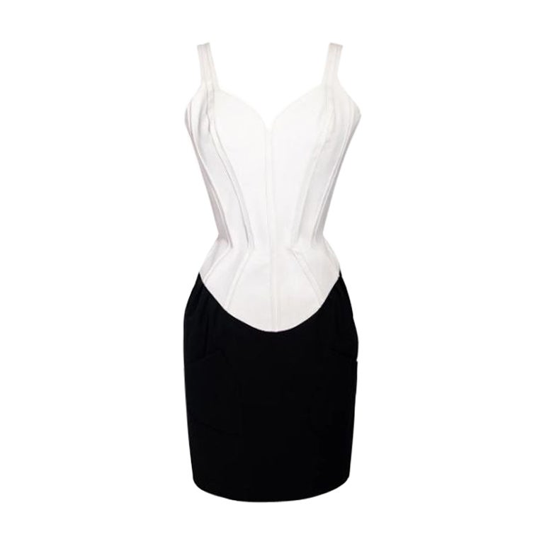 1989 Thierry Mugler White and Black Crepe Corset Cocktail Dress