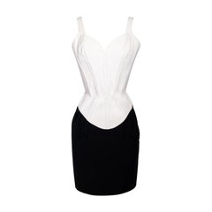 Retro 1989 Thierry Mugler White and Black Crepe Corset Cocktail Dress