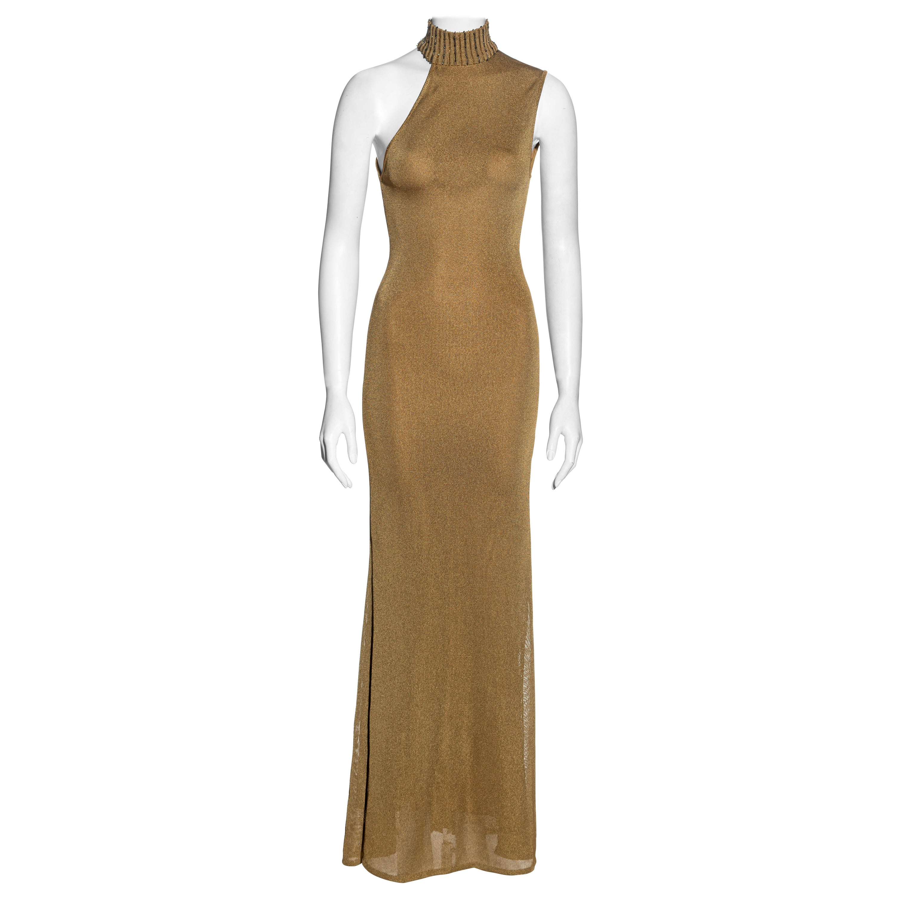 Gianni Versace gold knitted asymmetric evening dress, fw 1996 For Sale