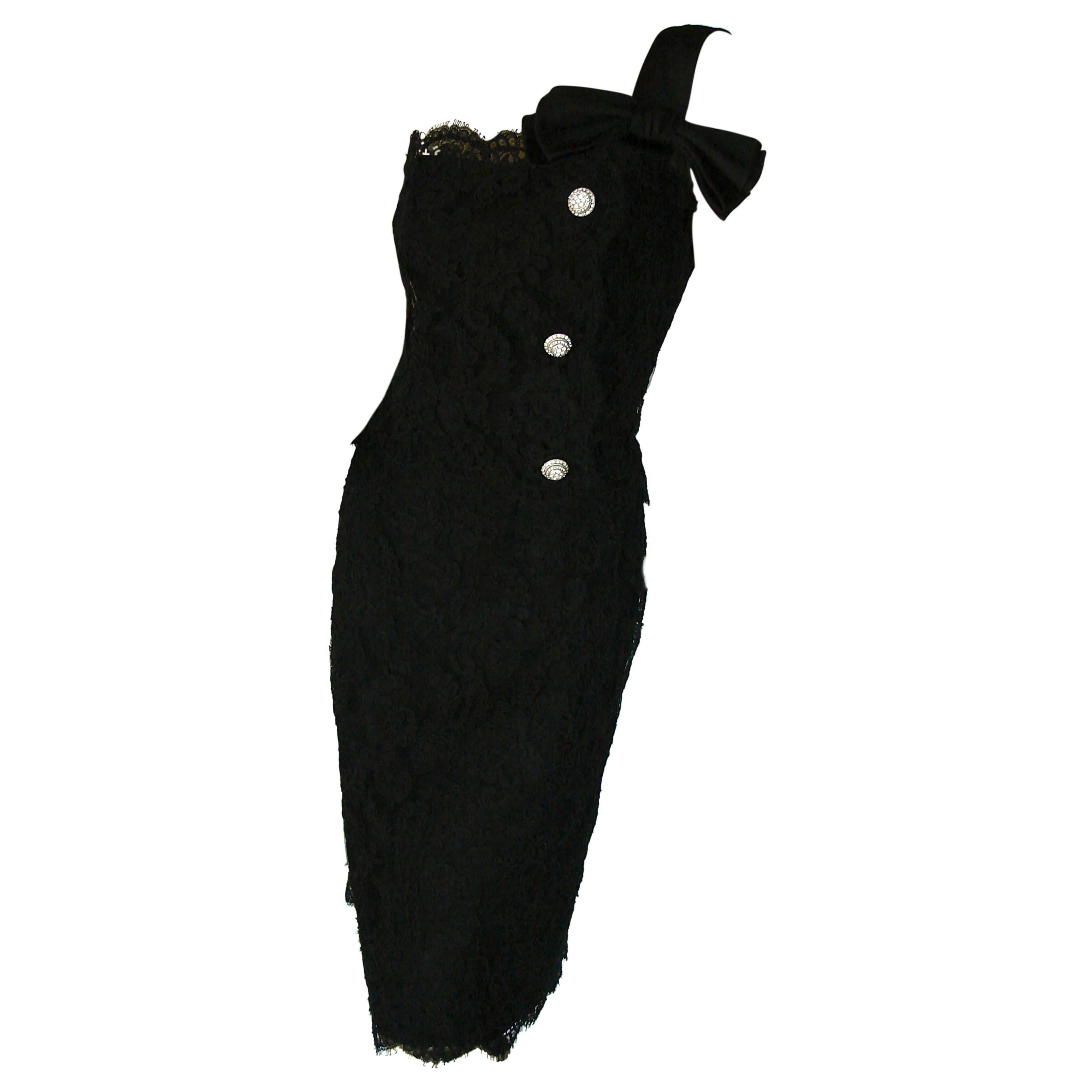 Harvey Berin Black Lace One Shoulder Cocktail Dress Rhinestone Buttons 60s sz12