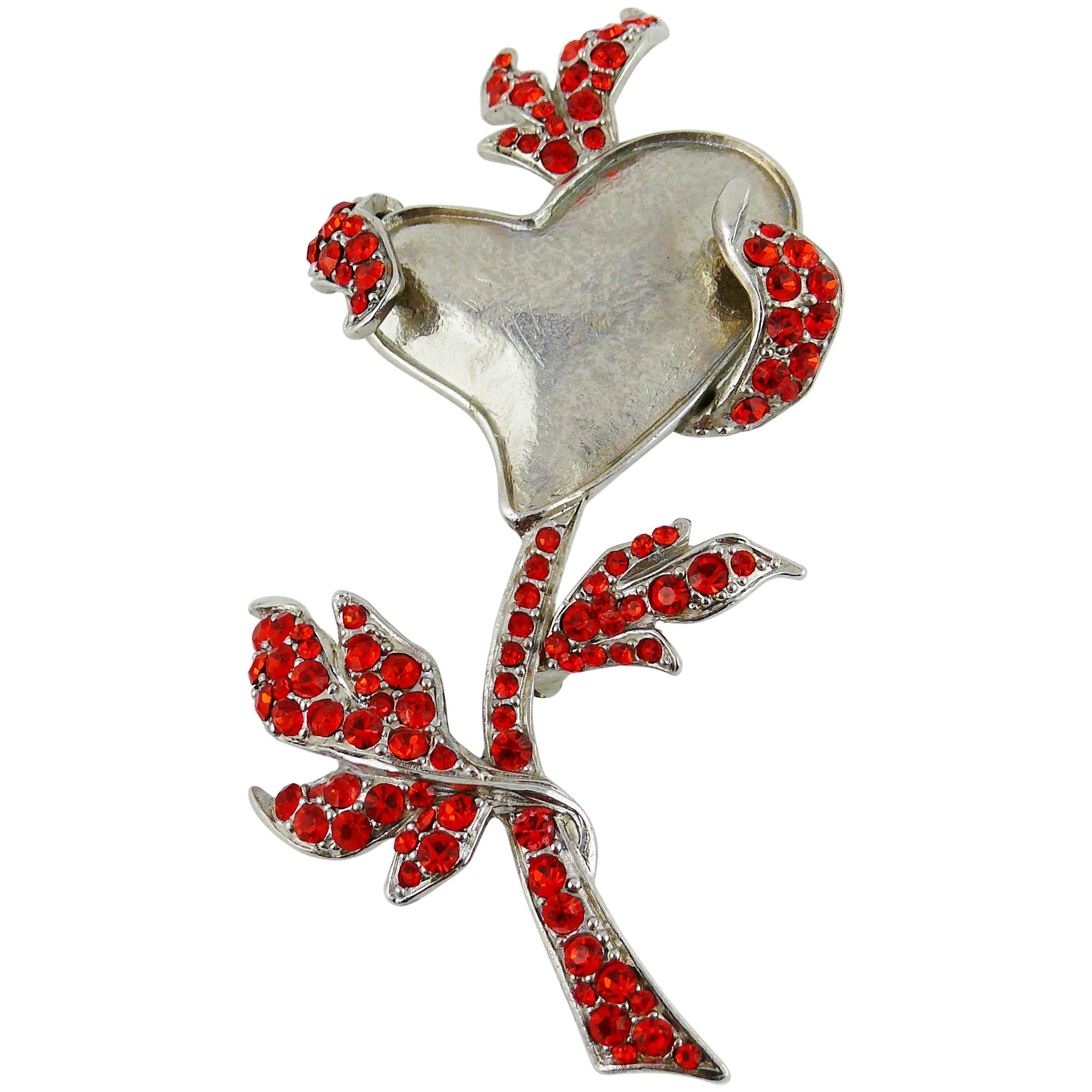 Christian Lacroix Vintage Jewelled Flower Heart Brooch For Sale at 1stdibs
