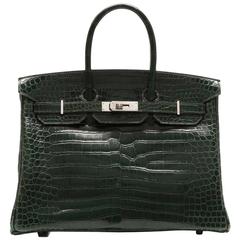Hermes Vert Foncé Porosus Crocodile 35cm Birkin Bag 8