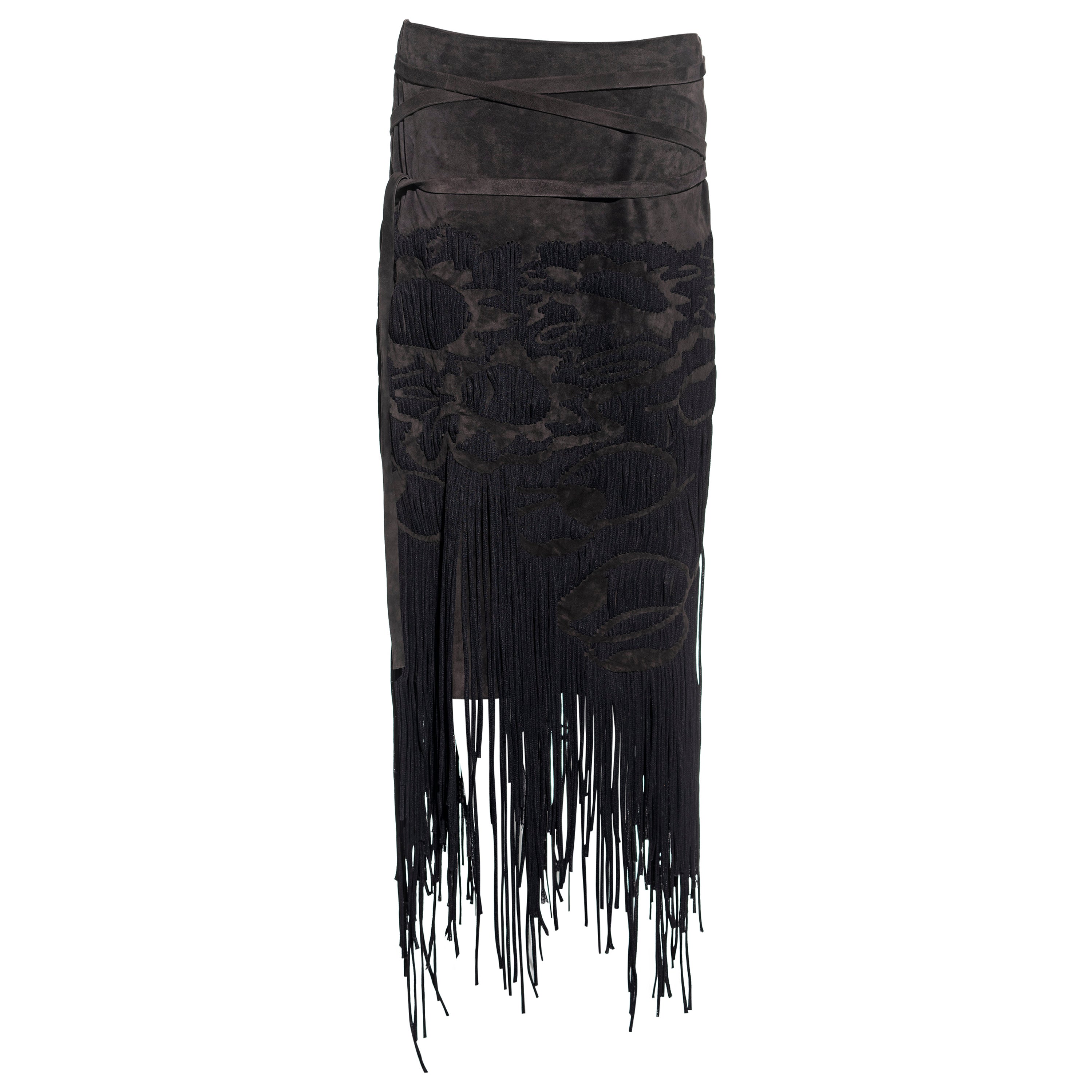 Yves Saint Laurent by Tom Ford brown leather woven fringed skirt, fw 2001 For Sale