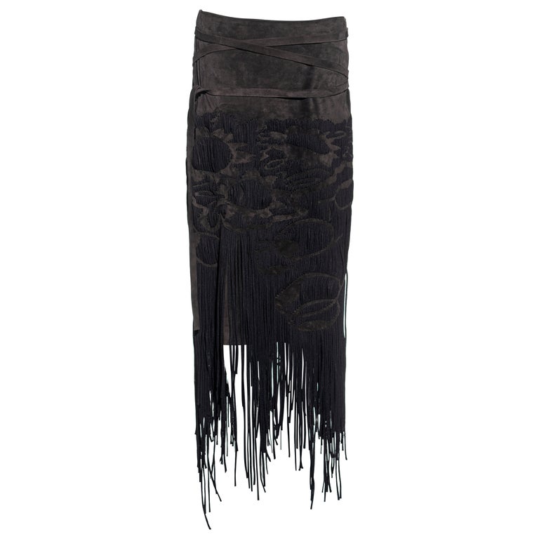 Yves Saint Laurent by Tom Ford brown leather woven fringed skirt, fw ...