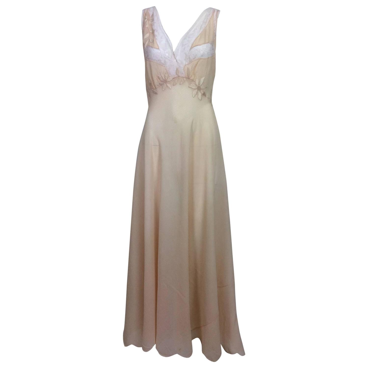 Vintage hand made pleated silk chiffon bias cut appliqued night gown